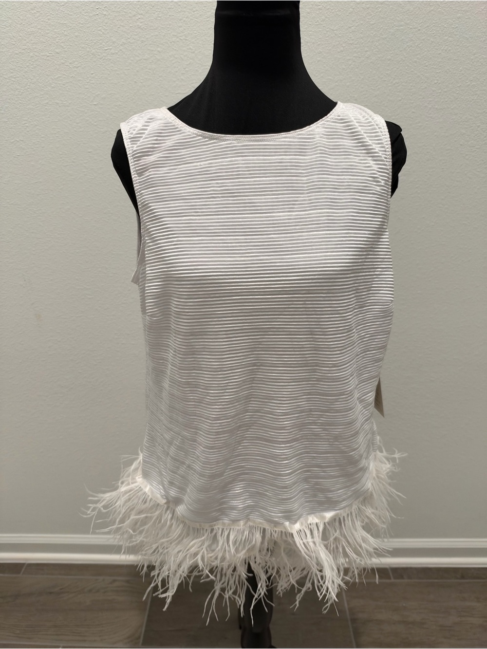 Boston Proper White Feather-Trim Sleeveless Textured Top